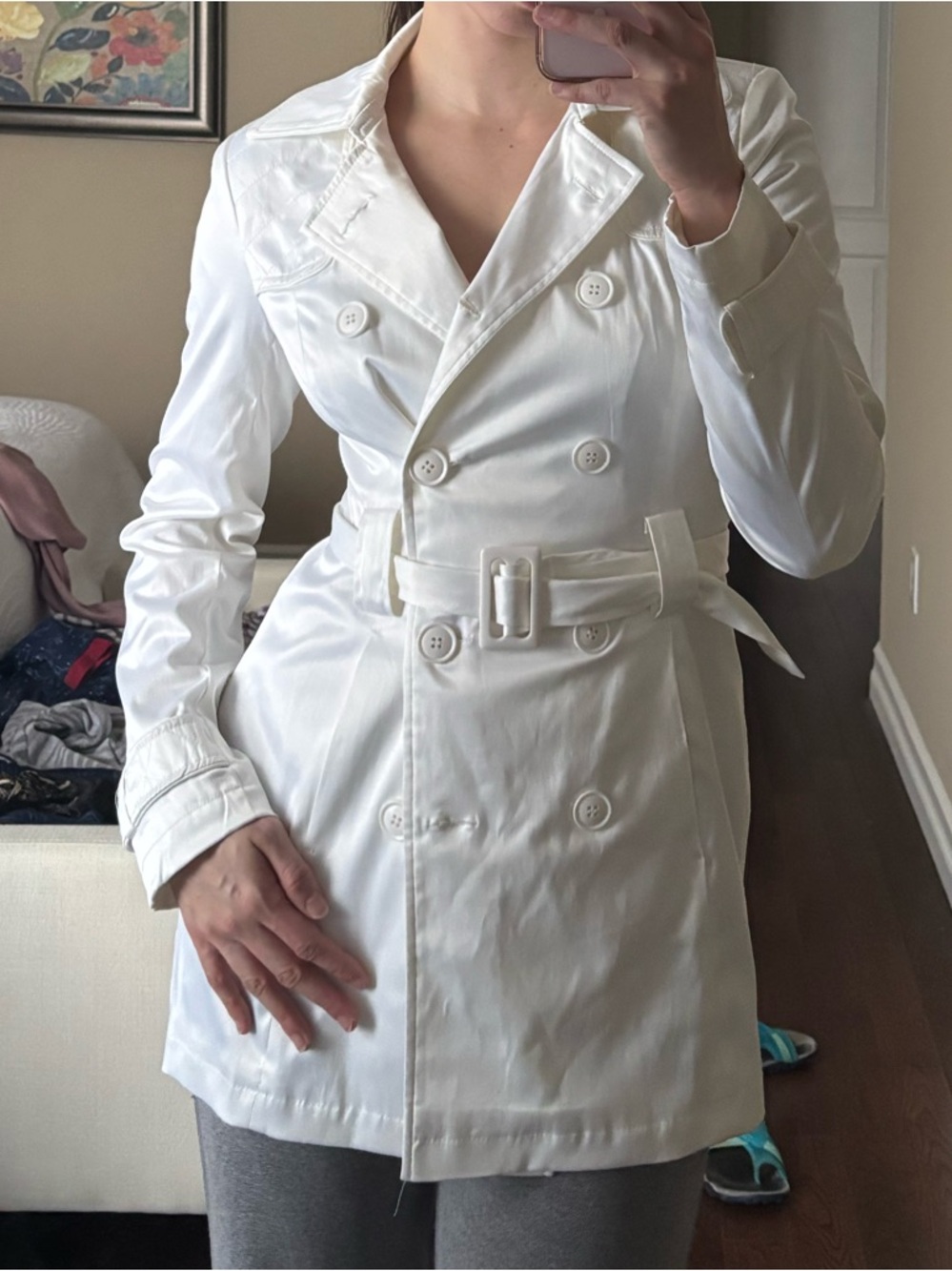 Suzy Shier White Double-Breasted Trench Coat with Belt